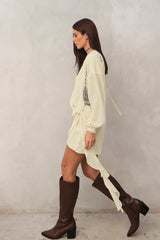 Beige V-Neck Wrap Mini Dress