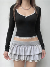 Sweet Lace Trim Cropped Square Collar Long Sleeve Knit Top Black / S knittop-250126