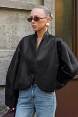 Black Leather Stand Collar Jacket