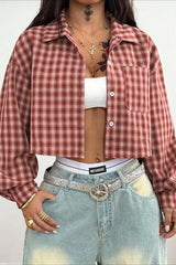 Plaid Cropped Puff Sleeve Blouse