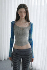 Striped Sleeve Tie Front Cropped Long Sleeve T-Shirt