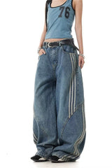 Deconstructed Stripe Panel Wide Leg Jeans