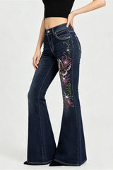 Butterfly Embroidered Stretch Slim Flare Jeans