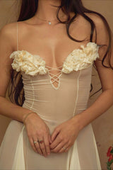 3D Flower Deep V Patchwork Spaghetti Strap Romantic Party Dress