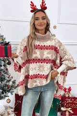 Christmas Moose High Neck Contrast Batwing Sleeve Sweater