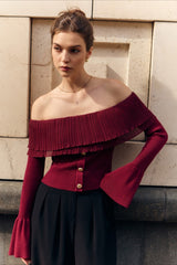 Paneled Ruched Buttoned Off-the-Shoulder Long Sleeve Tee