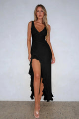 V-Neck Ruffled Slit Cami Midi Dress