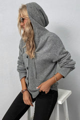 Hooded Drawstring Button Front Knit Cardigan