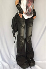 Gothic Print Low Rise Flare Jeans