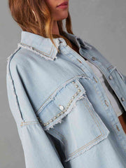 Long Raw Down Arm Denim Top Hem Button Jacket