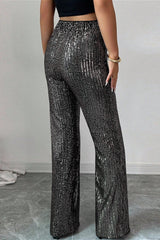Black Silver Sequin Stripe Flared Pants