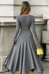 V Neck Asymmetric Long Sleeve Maxi Dress