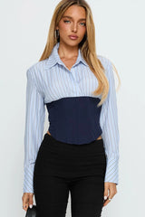 Striped Tie Waist Polo Blouse