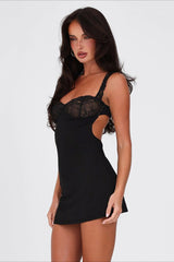 Lace Panel Backless Tie Mini Dress