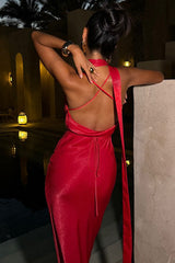 Satin Ribbon Ruched Spaghetti Strap Sexy Maxi Dress