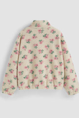Floral Zip Front Sherpa Fleece Coat