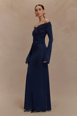 V Neck Long Sleeve Ruched High Waist Maxi Dress
