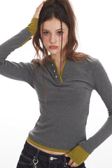 Contrast Collar Layered Fitted Long Sleeve T-Shirt
