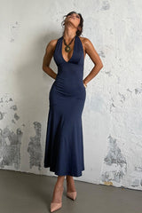 Halter Deep V Backless Midi Dress