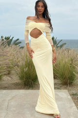 Mesh Patchwork See-Through Full Sleeve Slash Neck Maxi Dress