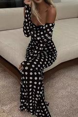 Off Shoulder Mesh Polka Dot Maxi Dress