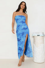 Strapless Printed Ruched Midi Dress