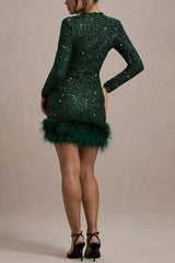 Chic Long Sleeve Crew Neck Solid Sequin Feather Sequin Dress