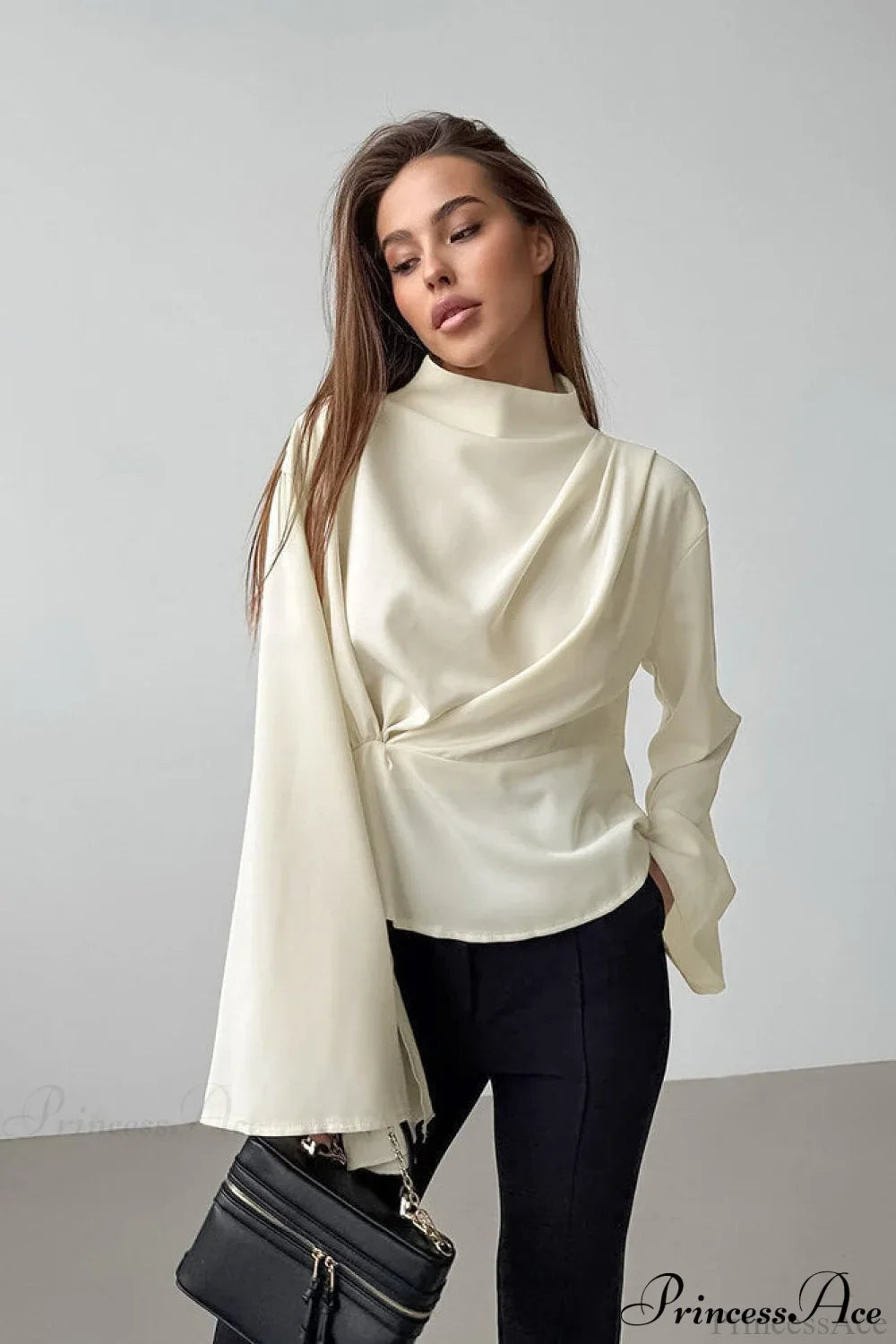 Beige Chiffon Tie Waist Flared Sleeve Blouse Apricot / S