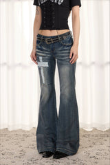 Distressed Cross Low Rise Slim Flare Jeans