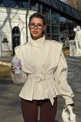 Tie-Waist Collared Long-Sleeve Loose Trench Coat