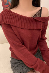 Red Knitted Lace Paneled Slim-Fit Off-Shoulder Sweater