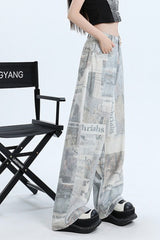 Newspaper Print Wide Leg Jean