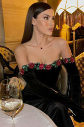 Bustier Sequin Slim Long Glove Set Velvet Dress