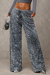 Sequin Drawstring Wide Leg Pants