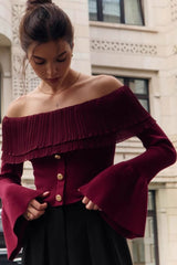 Off Shoulder Buttoned Knit Sweater