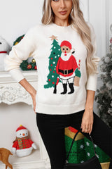 Christmas Santa Print Color Block Crew Neck Sweater