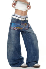 Letter Graphic Button Front Wide Leg Jeans