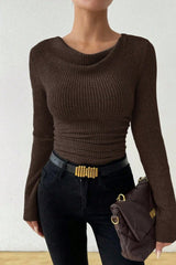 Ruched Cowl Neck Slim Knit Long Sleeve Tee