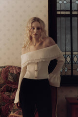 Paneled Ruched Buttoned Off-the-Shoulder Long Sleeve Tee