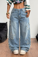 Frayed Star Applique Wide Leg Jeans