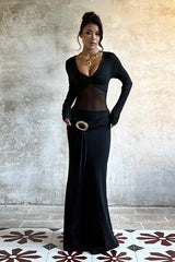 Deep V Mesh Panel Maxi Dress