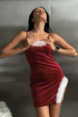 Christmas Sexy Bodycon Spaghetti Strap Velvet Furry Trim Slit Party Dress