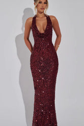 Elegant Deep V Halter Backless Slim Sheer Sequin Dress