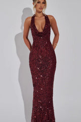 Elegant Deep V Halter Backless Slim Sheer Sequin Dress