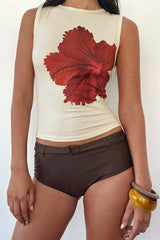 Red Hibiscus Print Cropped Tank Top