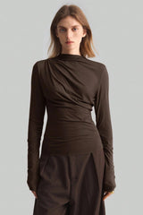 Asymmetric Ruched Mock Neck Top