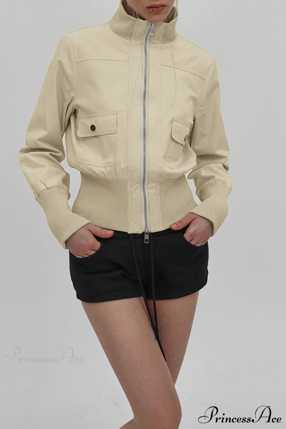 Cargo Zip Pocket Stand Collar Waist Casual Jacket Khaki / S