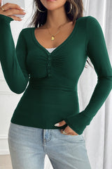 Button Detail Lace Trim V-Neck Long Sleeve Tee