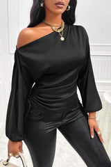 Satin Asymmetric Collar Ruched Waist Long Sleeve Tee
