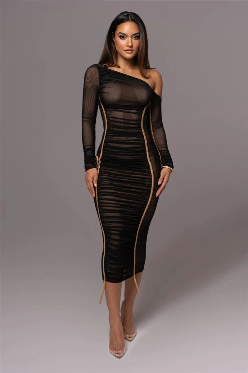 Diagonal Collar Mesh Midi Dress